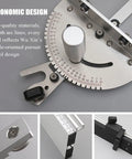 Adjustable Aluminum Miter Gauge With 450mm Extended Fence And Repeat Cut Stop For Table Saw Woodworking showing ergonomic design features.