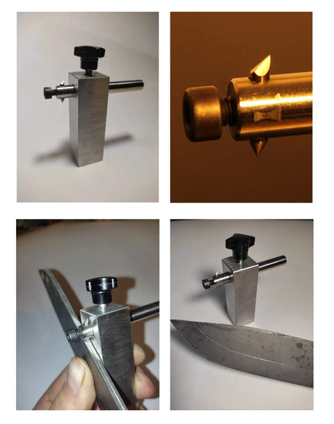 Knife Bevel Jig With Center Scribe Edge showing precision grinding alignment and handle adjustment on work table.