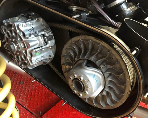 Close-up of offroad CVT with Double Notch G Force Carbon Cord CVT Drive Belt For Ranger 700 800 And RZR 800 Fits 3211162 3211133