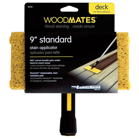 Packaging of 9-Inch Wood Stain Applicator With Pivot Head, Replaceable Tear-Resistant Pad, Edging Guides For Clean Edges
