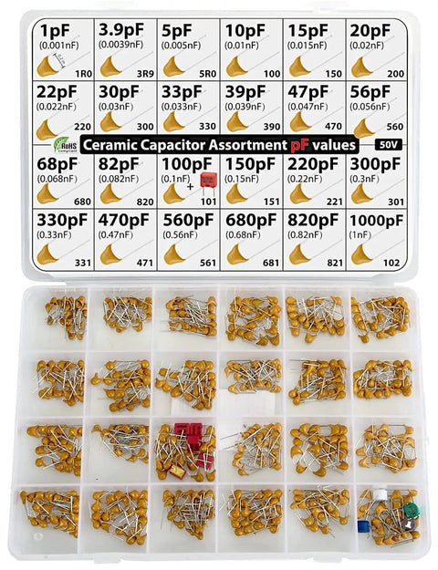 Capacitor Kit With 485 Pcs Multilayer Ceramic Assortment in 24 pF Values, organized in labeled box compartments for easy access.