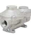 Side view of RV propane regulator, dual-stage, vertical-mount, metal body with threaded inlet and outlet