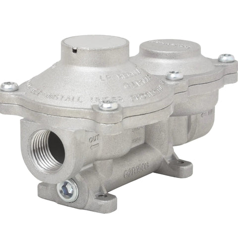 Side view of RV propane regulator, dual-stage, vertical-mount, metal body with threaded inlet and outlet