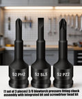 Heavy Duty Integrated Screw Tip Socket Kit With 3/8 Square Drive Featuring Chrome Steel Bodies And Versatile Bits For Home Repairs, DIY Projects And Routine Mechanical Care Services To Tackle Any Job With Ease. 3-piece S2 PH2 SL5 PZ2 set