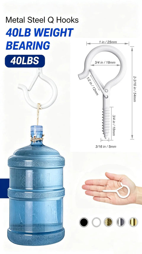 Heavy Duty White Screw In Cup Hooks 2.2 Inch Pack Of 20 For Hanging Plants Outdoor String Lights Patio Wall Wood Fence Or Deck Mounts Anti Rust Finish Includes Drywall Anchors And Manual Holds Up To 40 Lbs supporting a water jug and size diagram
