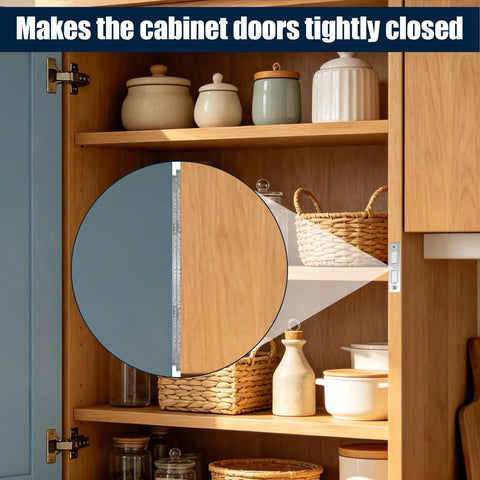 Premium Stainless Steel Magnetic Door Catch With Adhesive Strips And Screws Ideal For Securing Cabinet Doors Smoothly, shown in a cabinet.