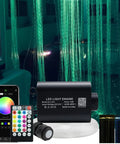 16W RGBW Fiber Curtain Lights Kit For Waterfall Backdrop with LED light engine, remote, and app controls displayed indoors