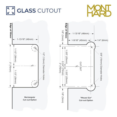 Heavy Duty Glass Shower Door Hinge With Full Back Plate Polished Chrome Finish For Half Inch Tempered Glass Frameless Doors diagram showing cutout options and measurements.