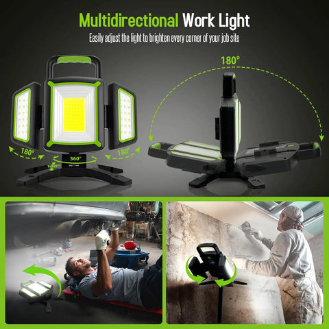 Rechargeable LED Work Light 30W With 3000 Lumens, Magnetic Base, shown in multiple modes and angles, for garage and job site use.