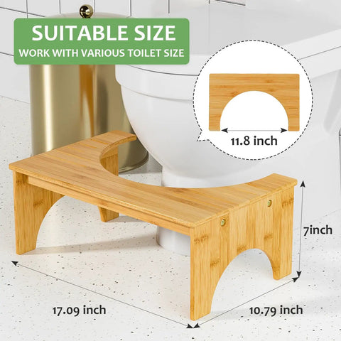 7 Inch Bamboo Poop Stool For Bathroom For Adults And Kids with dimensions shown next to toilet, anti-slip grooved surface