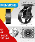 Diagram of Heavy Duty Castor Wheels Set Of 4 In Steel And Cast Iron 6 Inch Rigid And Braked Casters with high load capacity, dimensions shown.