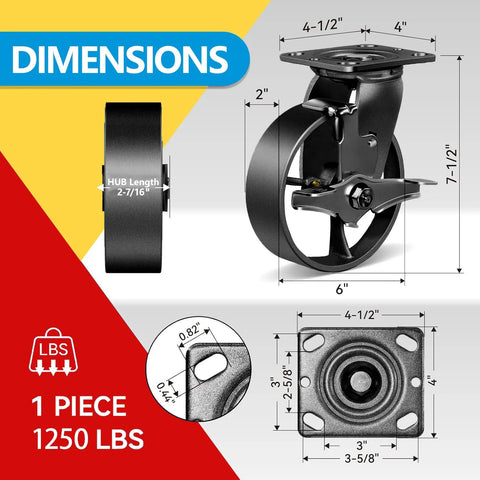 Diagram of Heavy Duty Castor Wheels Set Of 4 In Steel And Cast Iron 6 Inch Rigid And Braked Casters with high load capacity, dimensions shown.