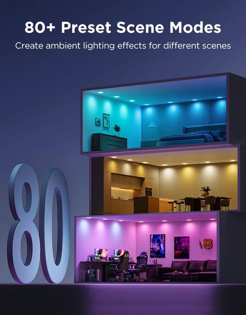 Game Changing Smart Recessed Lights 6 Inch Led Downlights 1100 Lumens 4 Pack With Rgbic Ambient Backlight and Tunable Color Temperature For Modern Home Spaces Fresh Vibe Upgrade displayed in different room settings.