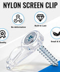 24 Pack Clear Flush Glass Retainer Clips For Cabinet And Screen Doors With Self Tapping Screws No Sweat Install Offset Mount For Dead Secure Window And Storm Door Frame Shield close-up of nylon screen clip with screw.