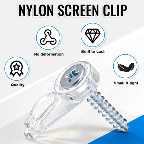24 Pack Clear Flush Glass Retainer Clips For Cabinet And Screen Doors With Self Tapping Screws No Sweat Install Offset Mount For Dead Secure Window And Storm Door Frame Shield close-up of nylon screen clip with screw.