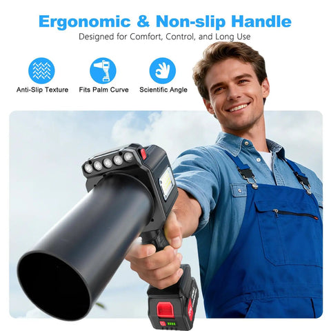 Man using Cordless Brushless Leaf Blower With LED Work Light Handheld Turbo Jet Blower Two Interchangeable Nozzles