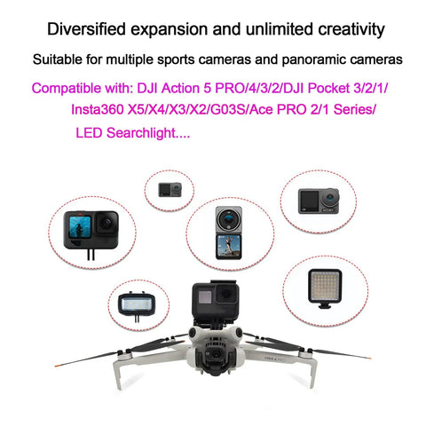 Top Mounted Camera Mount Adapter for DJI Mini 5 Pro and Mini 4 Pro with attached LED light and action cameras in display