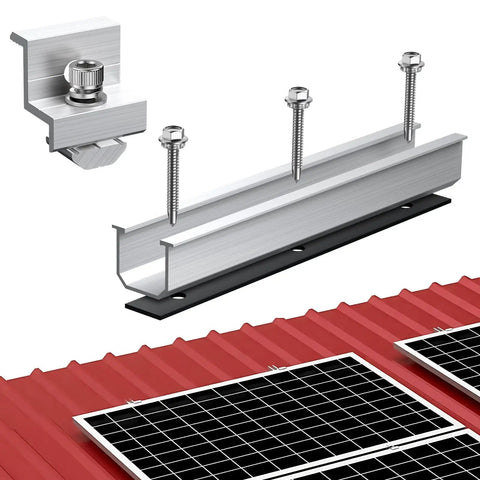 Six Pack Solar Panel Mounting Brackets Kit with 7.87 Inch Aluminum Rails and end clamps on metal roof