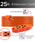 Heavy Duty 25 Ft Indoor Extension Cord With Three Outlets, Grounded 16 Gauge, 125V 13A 1625W, UL Listed, Orange, 3 outlets.