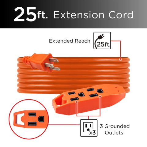 Heavy Duty 25 Ft Indoor Extension Cord With Three Outlets, Grounded 16 Gauge, 125V 13A 1625W, UL Listed, Orange, 3 outlets.