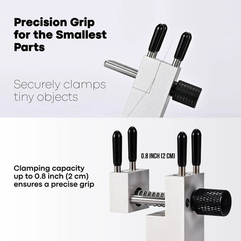 Close-up of Mini Table Top Vise Clamp For Hobbyists 360 Degree Rotatable Aluminum Alloy Bench Vise showing 0.8 inch clamping range.