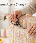Sewing Machine Cover With Storage Pockets And Quilted Floral Dust Cover showing storage pocket with scissors.