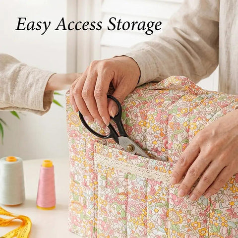 Sewing Machine Cover With Storage Pockets And Quilted Floral Dust Cover showing storage pocket with scissors.
