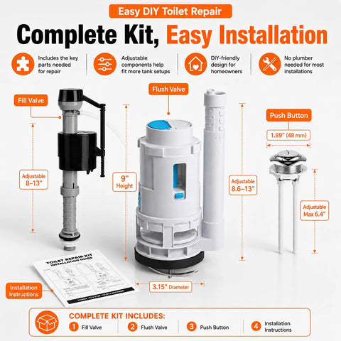 3 Inch Dual Flush Valve Replacement Kit For One Piece Toilets With Top Push Button Easy Install No Fuss Toilet Repair Kit With Fill Valve