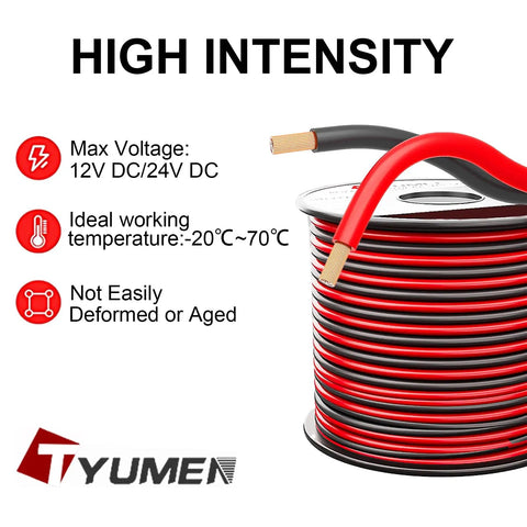 Heavy Duty 14 Gauge Red Black Wire 50Ft 14/2 AWG Parallel DC Cable For 12V 24V LED Strip Lights And Lamp Tape Copper Clad Aluminum Extension Cord For Home And Auto Use displayed with product specifications and company logo.