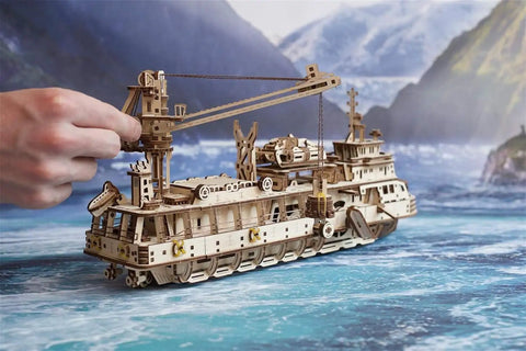 Research Vessel Mechanical Model Kit For Grownups 3D Wooden Puzzle With Rubber Band Motor Pendulum Regulator And Gear System Recreating Diesel Engine Rhythm For Brain Teaser Hobby And Home Decor, wooden ship crane