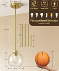 Two Pack Slick Vintage Pendant Lights With Clear Glass Globes And Gleaming Gold Canopies Adjustable Drop Length Perfect For Kitchen Islands Dining Rooms Emitting A Cozy Vibe Hardwired Installation showing dimensions and E26 base details.