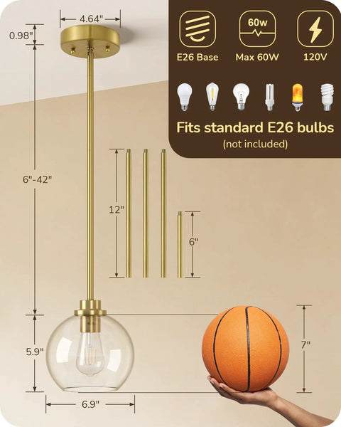 Two Pack Slick Vintage Pendant Lights With Clear Glass Globes And Gleaming Gold Canopies Adjustable Drop Length Perfect For Kitchen Islands Dining Rooms Emitting A Cozy Vibe Hardwired Installation showing dimensions and E26 base details.
