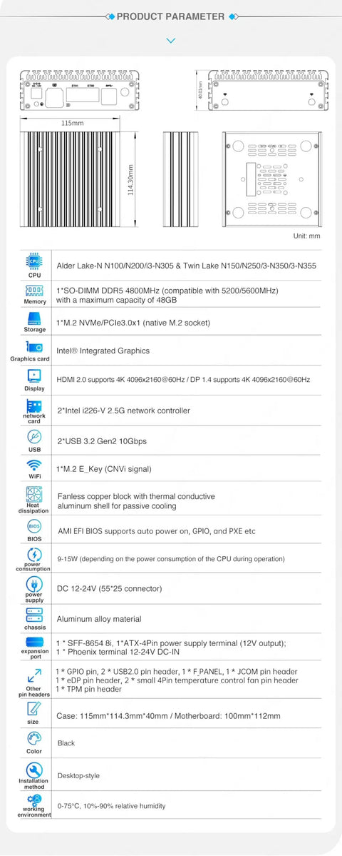 Intel N150 Firewall Appliance Mini PC Loaded With Dual 2 5Gb Ethernet Ports And DDR5 48GB RAM WiFi 6 USB 3 2 Networking Kit dimensions diagram