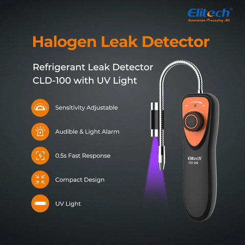 Elitech CLD-100 halogen refrigerant leak detector with UV light; orange/black handheld unit with flexible metal probe