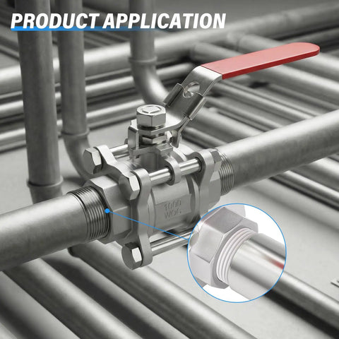 Installed Built Tough One Quarter Inch FNPT 3 Piece Ball Valve In 304 Stainless Steel With Red Handle For Industrial Piping Application