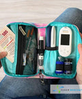 Diabetes Grab-And-Go Travel Case For Glucose Meter And Essentials, Portable Diabetic Organizer Bag, Glucometer Kit, Medical Supplies Pouch, Easy Everyday Diabetes Care, open with meter and supplies