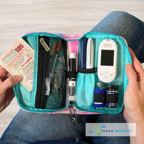 Diabetes Grab-And-Go Travel Case For Glucose Meter And Essentials, Portable Diabetic Organizer Bag, Glucometer Kit, Medical Supplies Pouch, Easy Everyday Diabetes Care, open with meter and supplies