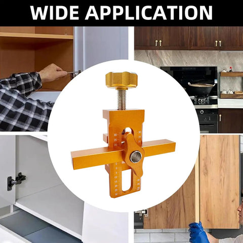No Sweat Cabinet Door Installation Clamp With Adjustable Positioner And Lightweight Aluminum Hinge Drill Jig used in cabinet assembly.