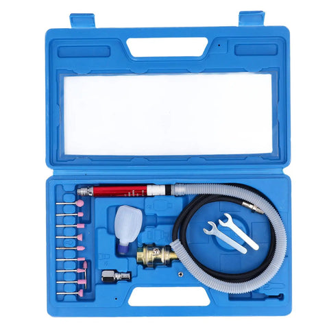 Straight Shot Precision Pneumatic Pencil Die Grinder Kit For Mechanics And Fabricators Featuring A Featherlight Grip and Knockout Torque For Clean Metal Trimming and Quick Routing In Cramped Engine Bays in blue case with attachments.