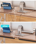 Before and after setup using Under Desk Cable Management Kit For Home And Office Keep Cords Neat Safe And Pet Proof With This 2 Pack Cord Organizer