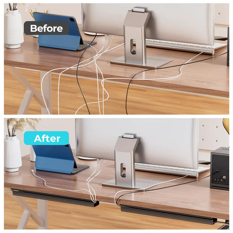Before and after setup using Under Desk Cable Management Kit For Home And Office Keep Cords Neat Safe And Pet Proof With This 2 Pack Cord Organizer
