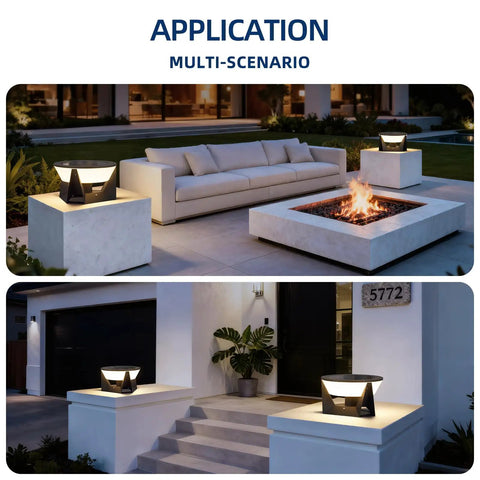 Outdoor setup with Solar Post Lights Outdoor 14.96 Inch IP54 Waterproof Pillar Lamps on patio and entrance.
