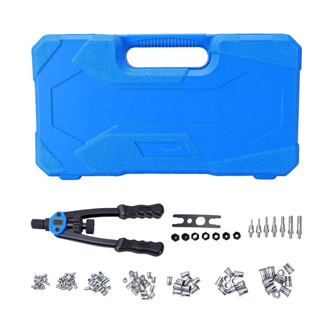 Rivet Nut Tool Set 13 Inch Handheld Kit with 7 Mandrels M3 to M12 in durable portable blue case for home DIY projects and repairs.
