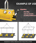 Heavy Duty Permanent Magnet Lifter With Quick Release Handle For 6600 Pound Steel Plates and Round Bar Hoist Tool in use.
