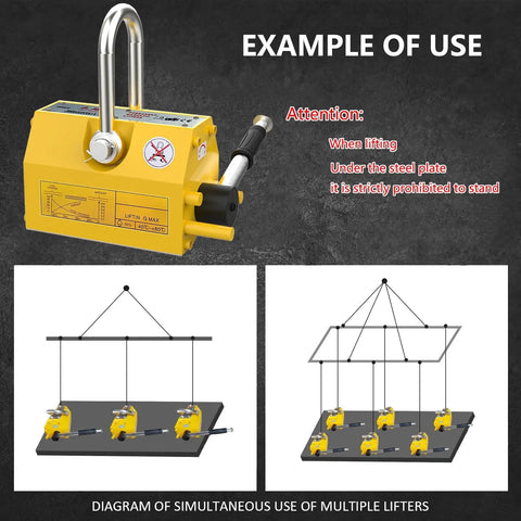 Heavy Duty Permanent Magnet Lifter With Quick Release Handle For 6600 Pound Steel Plates and Round Bar Hoist Tool in use.