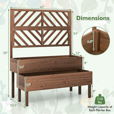 Raised Garden Bed With Trellis And Two Planter Boxes 2 Tier Outdoor Wooden Elevated Planter Box With Legs And Drainage Holes Built To Last From Durable Fir Wood For Flowers Herbs Vegetables And Fruits Brown, displaying dimensions and weight capacity.