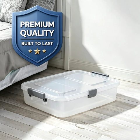 Four Pack Clear Plastic Storage Bins With Write On Latching Lids Modular Stackable Organizer Boxes For Closet Bedroom Garage Office on wooden floor.