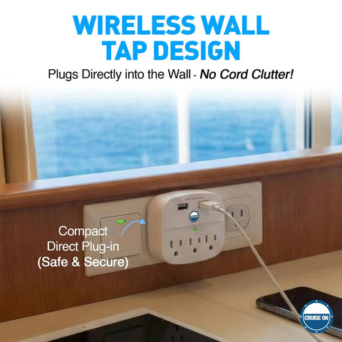 Cruise Ship Ready Must Have Power Strip With Two USB Ports, Non Surge Protector plugged into cabin wall outlet.