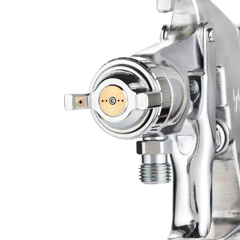 Professional Pressure Feed Air Spray Paint Gun Featuring Precision Nozzle close-up showcasing adjustable nozzle and detailed metal finish.