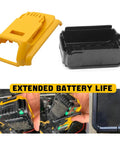 Heavy Duty Rock Solid Battery Case Shell Replacement For 18V And 20V Cordless Power Tool Batteries DCB200 DCB201 DCB203 DCB204 DCB205 Busted Housing Repair Kit showing yellow and black shell.